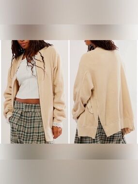 Free People Beige Waffle-Knit Open Cardigan NWOT